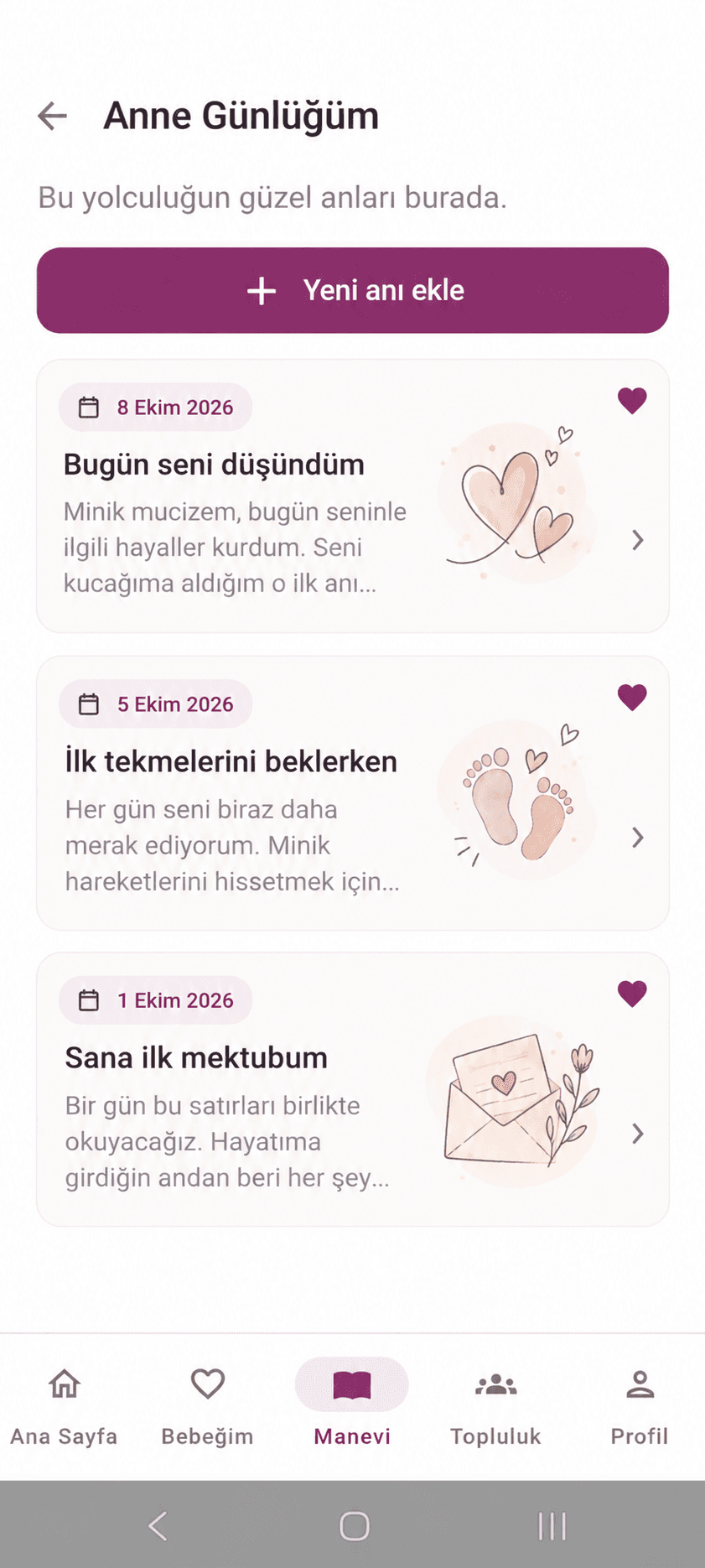 Anı günlüğü: henüz kayıt yokken ilk anı yazma ekranı